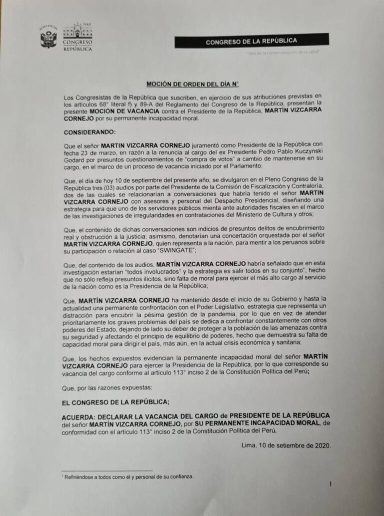 Congresista presenta borrador de Moción de vacancia contra Martín Vizcarra por incapacidad moral