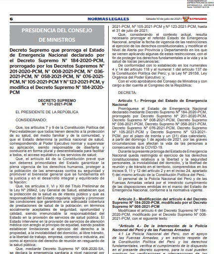 Gobierno amplia estado de emergencia nacional hasta el 31 de agosto